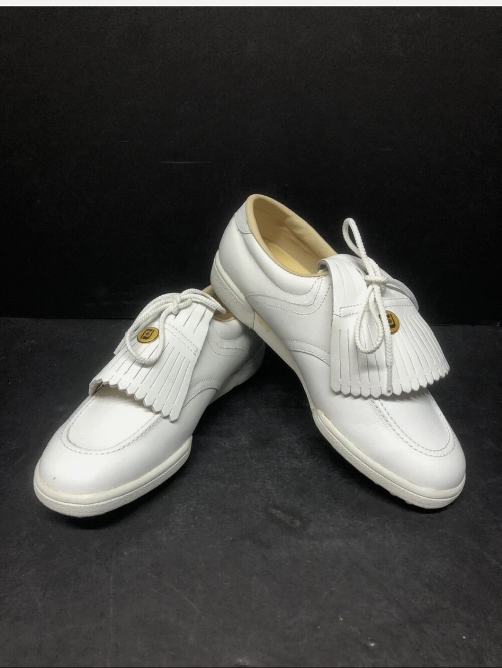 FootJoy White Leather Kiltie Lace-Up Loafers with Gold Accent